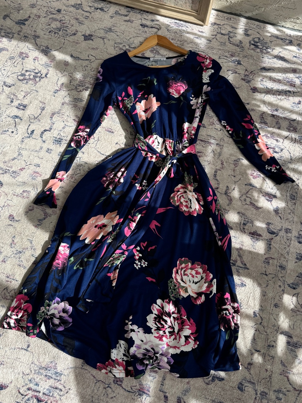 Navy Floral Long-Sleeve Wrap Dress with Pockets Like New Size S
